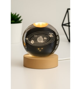 3D Güneş Sistemi Kristal Gün Işığı Led Gece Lambası – USB'li Ahşap Standlı LED Masa - Gece Lambası