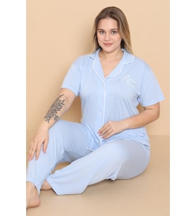 Mirano 4400 POLYVİSCON Kumaş Kısa Kollu Düğmeli Büyük Beden Kadın Pijama Takımı
