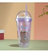 Desenli Işıklı ve Pipetli Bardak, 450 ml, Boncuklu ve Kapaklı, Mor, 20x8 (Mor)