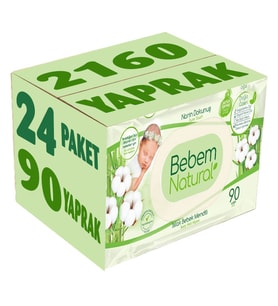 Bebem Natural Islak Bebek Mendili Narin Dokunuş / Yenidoğan 90 Yaprak Plastik Kapaklı 24 Lü Set