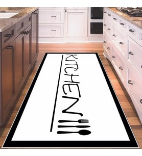 Beyaz Kitchen Yazılı Yıkanabilir Kaymaz Taban Leke Tutmaz Modern Salon Halısı ve Yolluk (Siyah)