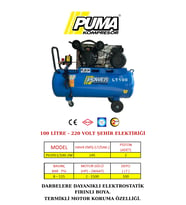 PİSTONLU KOMPRESÖR - Hava Deposu: 100 Lt - Maksimum Basınç: 8 Bar - Hava Üretimi: 200 Lt/dk. - Motor Gücü: 2 HP - 220 Volt