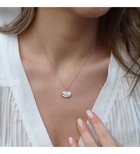 Beyaz Mine İşli Rose Gold Kaplama Bereket Fili Gümüş Kolye