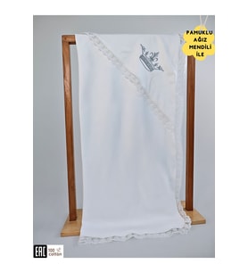 Ekru %100 Pamuklu Erkek Bebek Battaniyesi Nakışlı Dantelli Puset Örtüsü Hediyelik Yenidoğan 85x85cm