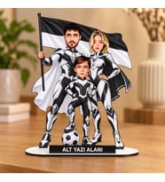 Kişiye Özel 3 Kişilik Siyah Beyaz Aile Süper Karikatürlü 18 cm MDF Masaüstü Biblo - Futbol Temalı Hediye Futbol Severlere ve Spor Tutkunlarına Hediye