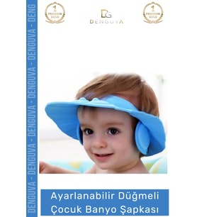 #BanyoŞapkası Fantazer Ayarlanabilir Düğmeli BPA İçermeyen Esnek Bebek Banyo Su Kaçırmayan Mavi Şapk