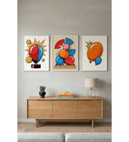Renkli Pop Art Balon ve Soyut Tasarımlar 3’lü Ahşap Çerçeveli Tablo Seti