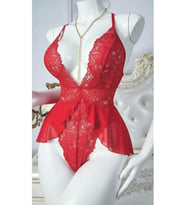 Kırmızı Dantelli Etekli Fantazi Body Gecelik - Transparan Şifon Detaylı Babydoll - 3597