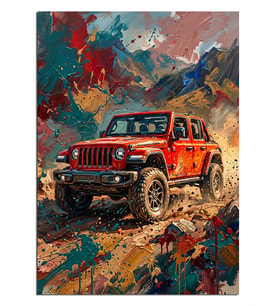 Çölde Kırmızı Jeep Arazi Aracı Dekoratif Kanvas - Mdf Ahşap Tablo