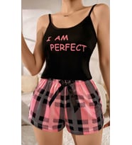 Kadın Siyah Kare Desenli Askılı Şortlu Pijama Takım 5012