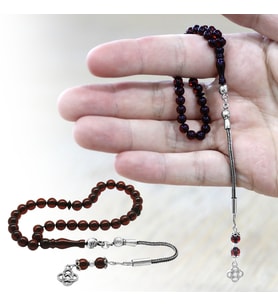 Damla Kehribar Tesbih - 925 Ayar Gümüş Püsküllü - Mini Boy - Koyu Kırmızı - Küre Kesim