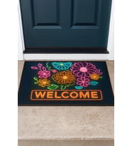 Valerine Life Neon Papatya Çiçekleri Kaymaz Tabanlı Hoş Geldiniz Welcome Kapı Önü Paspası 45x70cm (Lacivert)