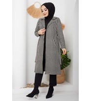 Kazayağı Desenli Kaşe Kaban/Siyah