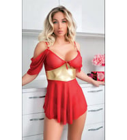 Amora Secret Sarı Kuşak Detaylı Fantezi Kırmızı Gecelik