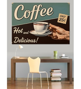 Kahve "Hot Delicious Coffee" Retro Afiş Dekoratif Kanvas - Mdf Ahşap Tablo