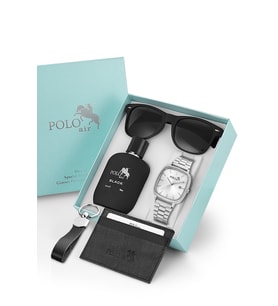 Polo Air Takvimli Hasır Metal Kordon Erkek Kol Saati Parfüm Gözlük Kartlık Anahtarlık Hediyelik Kutusunda Set Gümüş Renk TR-101E4