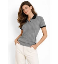Polo Yaka Çizgili Tişört Kısa Kol Düğmeli Yazlık T-Shirt - Gri