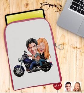 BK Gift Kişiye Özel Motorcu Sevgililer Karikatürlü Taşınabilir Koruyucu Tablet Kılıfı & Organizer Çanta - Pembe-1