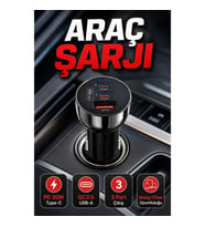 Çift PD Type-C ve QC3.0 USB Çıkışlı 3 Port Araç Şarj Adaptörü