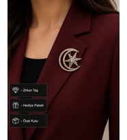 Hediye Gold Ay Yıldız Taşlı Kadın Broş Rozet Aksesuar