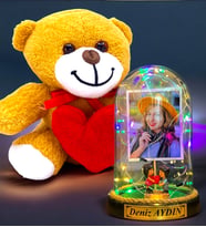 Kişiye Özel Renkli Led Işıklı Fanus ve Kalpli Peluş Ayıcık Hediye Seti (Model 6)