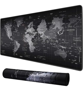 Dünya Haritası Mouse Pad 60x30 cm, Gaming Masa Pedi 3 mm, Kaymaz Kauçuk Tabanlı Desk Mat, Dikişli Kenar Kumaş Yüzey, Klavye ve Mouse Altlığı, Oyuncu ve Ofis Masası için Siyah