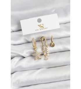 Pirinç Gold Renk Zirkon Taşlı Yıldız Vintage Model YSX Trio Küpe Seti