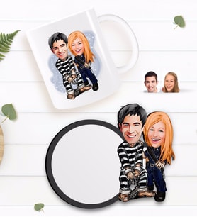 BK Gift Kişiye Özel Sevgililer Karikatürlü Beyaz Kupa ve Ahşap Bardak Altlığı Hediye Seti-7