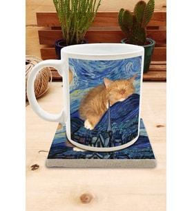 Kediler ve Sanat/Van Gogh Set 8 - Yıldızlı Gece(Starry Night) Standart Kupa-Taş Bardak Altlığı 9