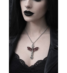 Gotik Kırmızı Kanatlı Kurukafa Detaylı Haç Kolye Unisex Metal Zincir