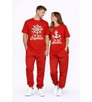 Sevgili Kombini Oversize Çift Tişört Unisex Captain Anchor Baskılı Matching Couple Partner 2'li Set (Kırmızı)