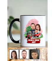 Üç Kişilik Aileye Özel Karikatürlü Siyah Kupa Bardak