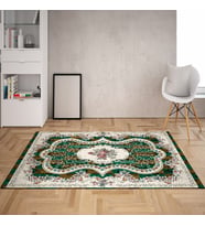 Çiçek Desenli Dijital Baskı Yıkanabilir Kaymaz Taban Leke Tutmaz Vintage Salon Halısı (Yeşil) (Yeşil)
