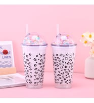 Benekli Işıklı ve Pipetli Bardak, 450 ml, Buzlu ve Kapaklı, Beyaz, 20x8 (Beyaz)