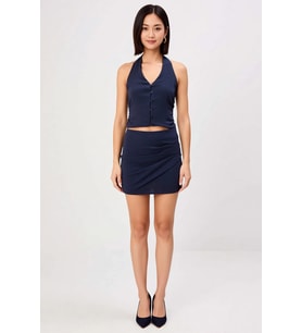 Kadın Kolsuz V Yaka Crop Top Mini Etek İki Parçalı Dokuma Takım Aerobin Kumaş Günlük Rahat Modern