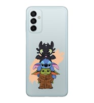 Samsung Galaxy M23 Uyumlu Sevimli Baby Yoda ve Stitch Desenli Şeffaf Telefon Kılıfı