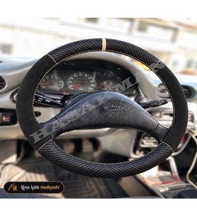 Hyundai Accent Dikme Direksiyon Kılıfı Alcantara Süet Mat Karbon Bej Yüzük ve Dikiş Yumurta 1994-2000