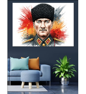 Kalpak Başlıklı Mustafa Kemal Atatürk Sulu Boya Portre Dekoratif Kanvas - Mdf Ahşap Tablo