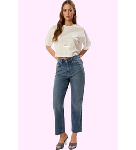 Kadın Pamuk Denim Straight Jean Pantolon Yüksek Bel Günlük Casual Yaz Aylarının Vazgeçilmezi (Mavi)