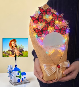Kişiye Özel Değirmen Fotoğraflı Büyük Boy Kelebek Buketi Renkli Led Işıklı Aynalı (Kırmızı)