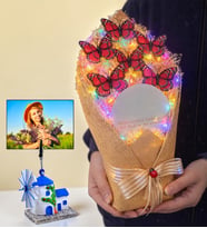 Kişiye Özel Değirmen Fotoğraflı Büyük Boy Kelebek Buketi Renkli Led Işıklı Aynalı (Kırmızı)
