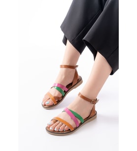 205-209 Turuncu Multi  Hakiki Deri Tokalı Parmak Arası Kadın Sandalet (Çok Renkli)
