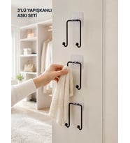 3'lü Duvar Tipi Yapışkanlı Askılık Ev ve Yaşam Alanları İçin Pratik Set