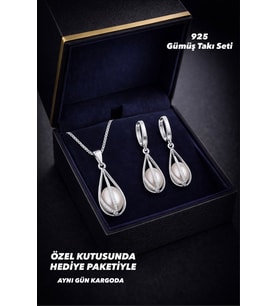 925 Ayar Damgalı Gümüş Kaplama İnci Detaylı Damla Model Kolye Küpe Takı Seti (Silver)