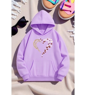 Unisex Leopar Kalp Desenli Baskılı Oversize Sweatshirt (Lila)