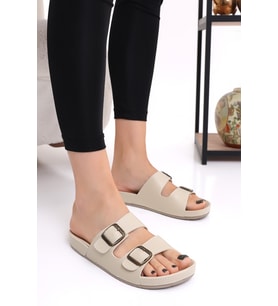 Mulex 10651 Çift Toka Kadın Terlik Comfort Anatomik Kadın Ev Dışarı Terliği (Bej)
