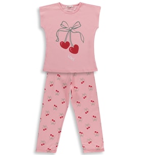 Civil Girls Kiraz Desenli 6-9 Yaş Pijama Takımı - Pudra