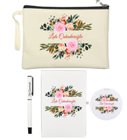 Kişiye Özel Çiçek Tasarımlı Makyaj Çantası Ayna Defter ve Roller Kalem Seti