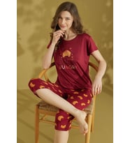 Kadın Desenli Bisiklet Yaka Düğmesiz Pamuklu Yazlık Kısa Kol Kapri Pijama Takımı (Bordo)