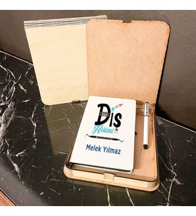Diş Hekimine Hediye Ahşap Kutulu Defter Kalem Set 004